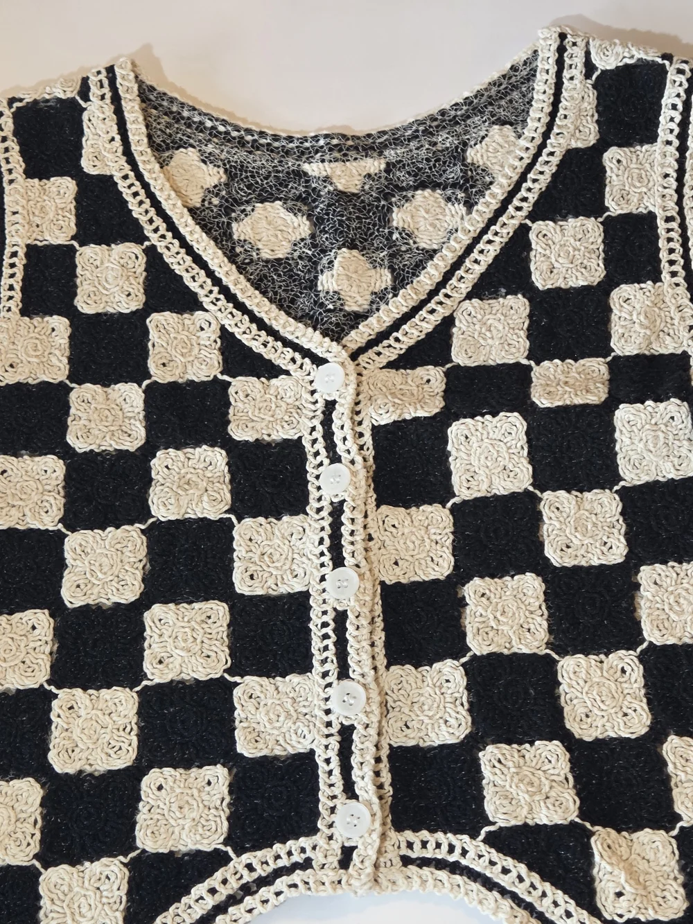 Crochet Checkerboard Vest - Black & Cream - Picture 3 of 11